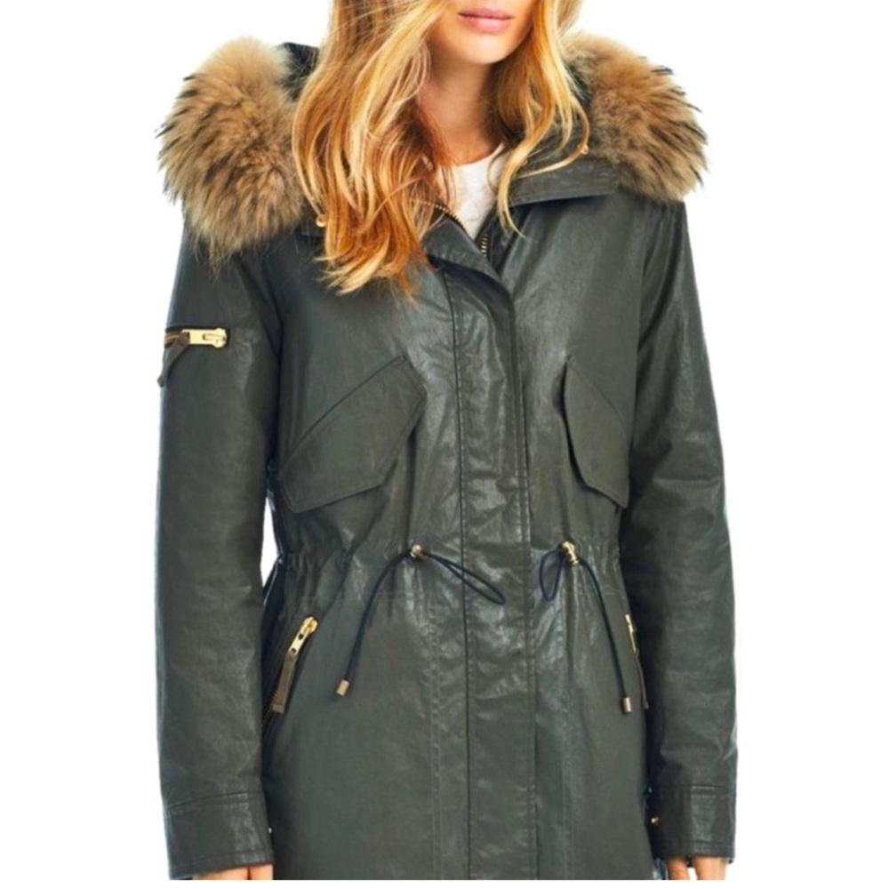 SAM. Green Parka Coat with Fur trim, Size Small